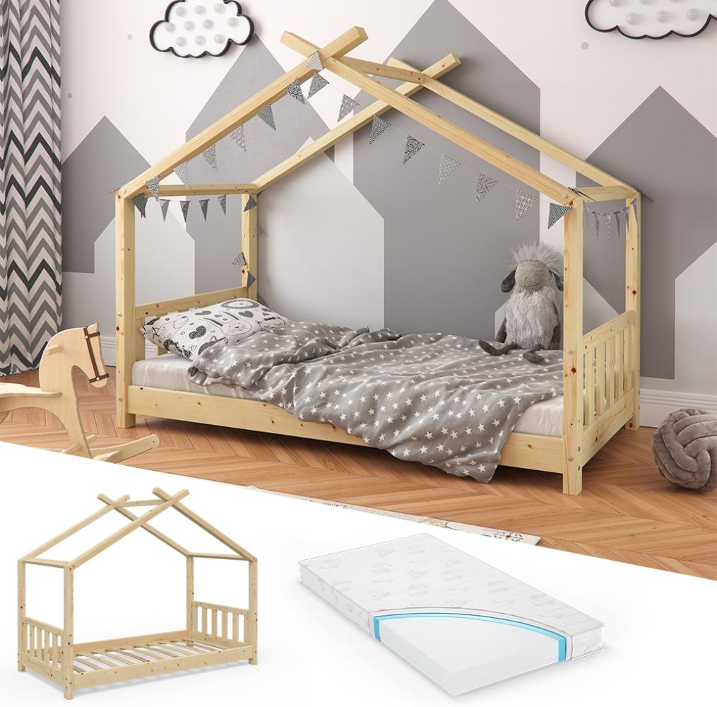 VITALISPA Kinderbett Hausbett DESIGN 80x160cm Natur Zaun Kinder Holz Haus Hausbett mit Matratze Bild 1