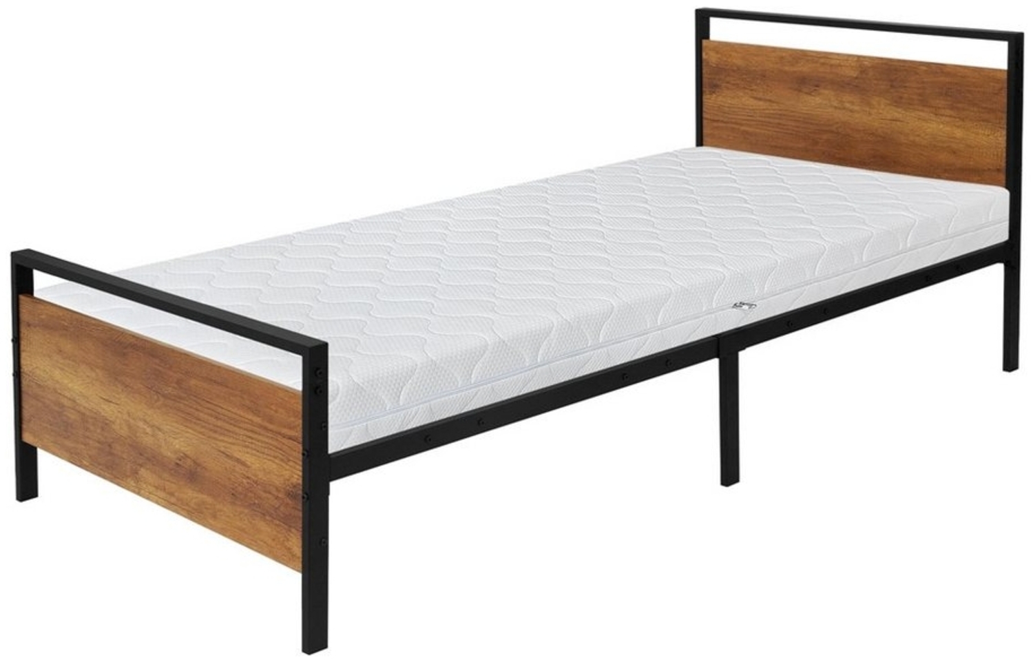 ML-DESIGN Metallbett Einzelbett mit Lattenrost Bettgestell mit Holz-Kopf- & Fußteil, Gästebett 90x200 cm mit Matratze 16cm Schwarz-Braun Stahl Bild 1