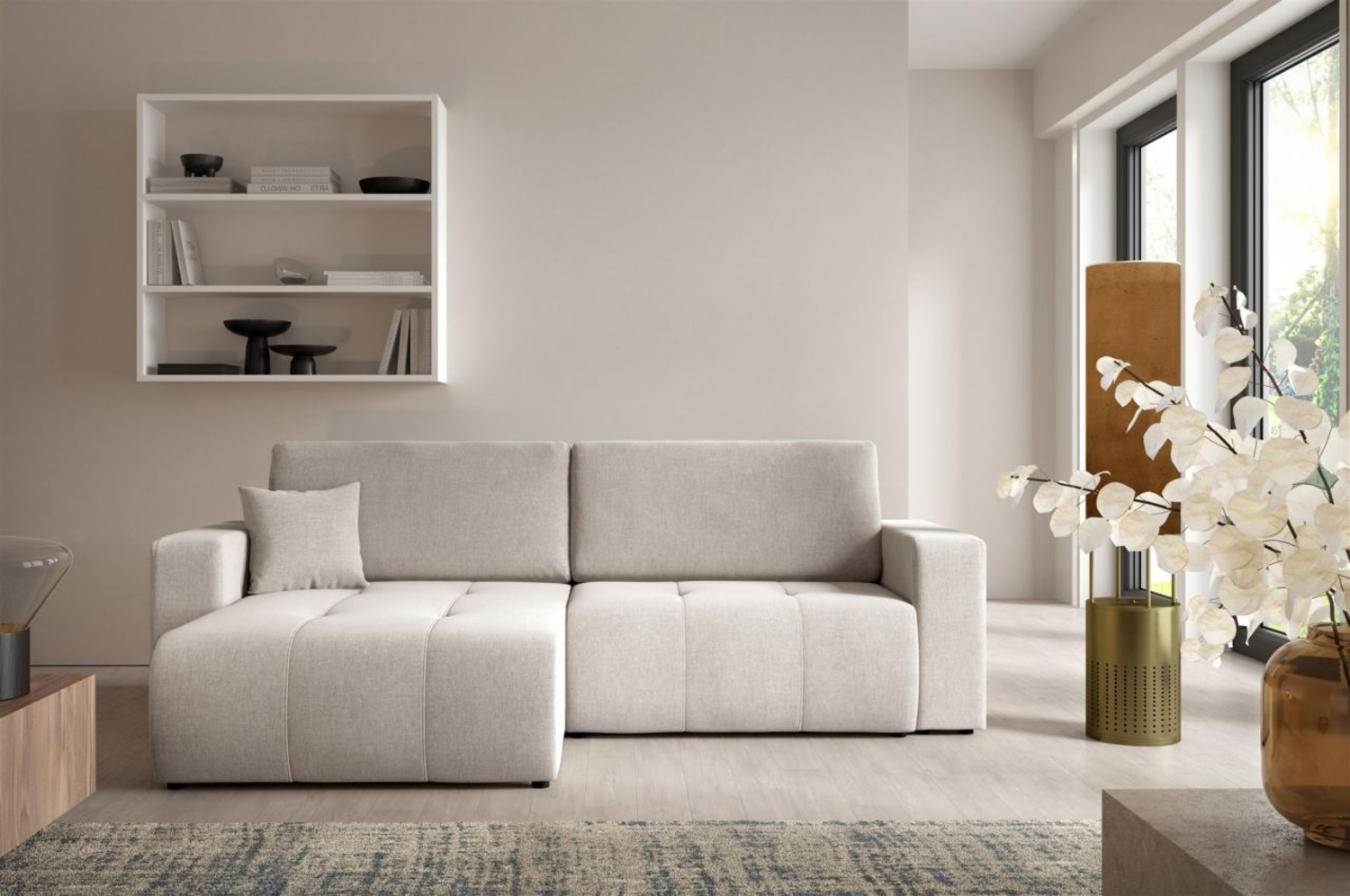 Ecksofa Sofa mit Schlaffunktion AUGUSTO in Stoff Wind Hellgrau Ottomane Links Bild 1