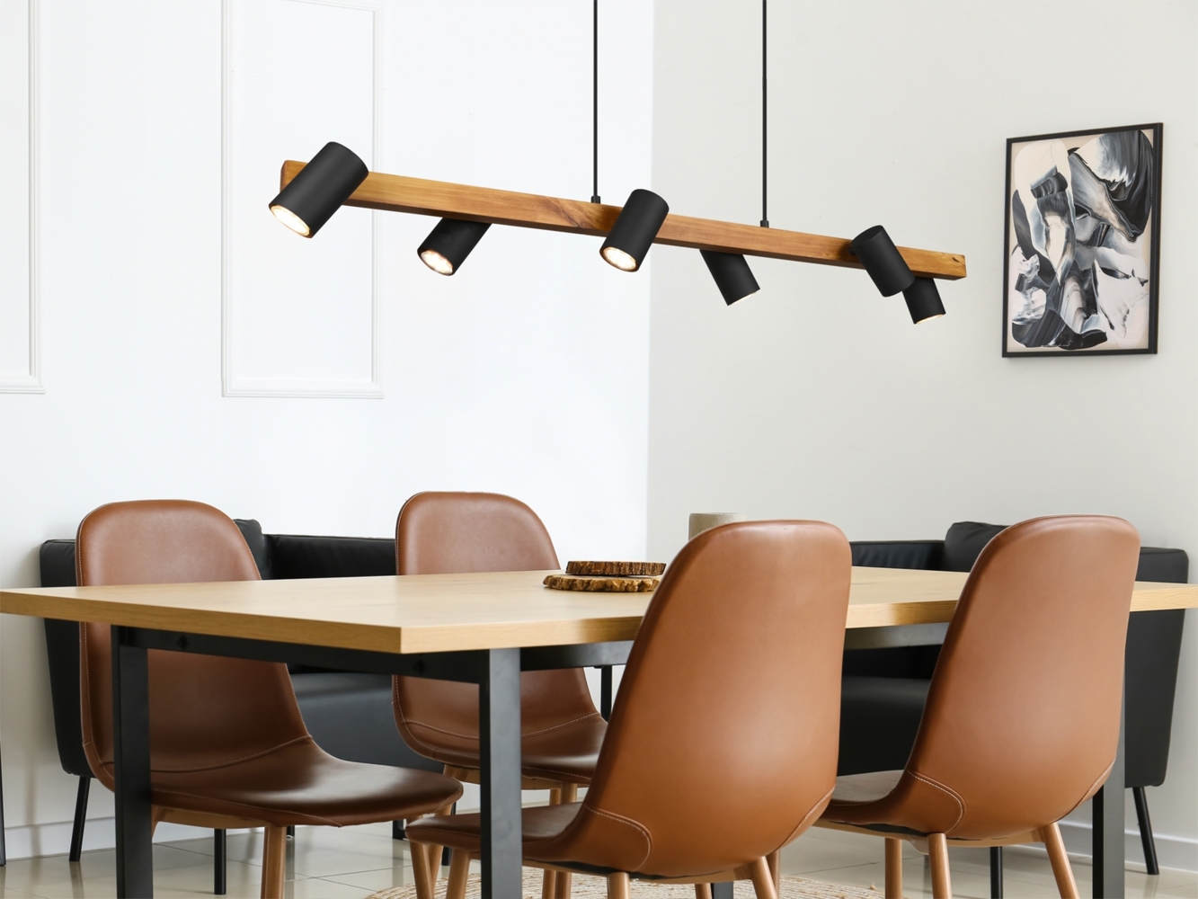 LED Holzbalken Pendelleuchte 6-flammig lang Schwarz, Breite 115cm Bild 1