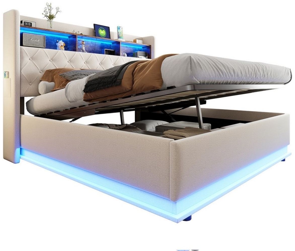 OKWISH Polsterbett Funktionsbett,Stauraumbett,Doppelbett,Gästebett (Luxuriöses LED-Polsterbett,mit USB-Ladeanschluss und hydraulischem Stauraum, 180 x 200 cm), ohne Matratze Bild 1