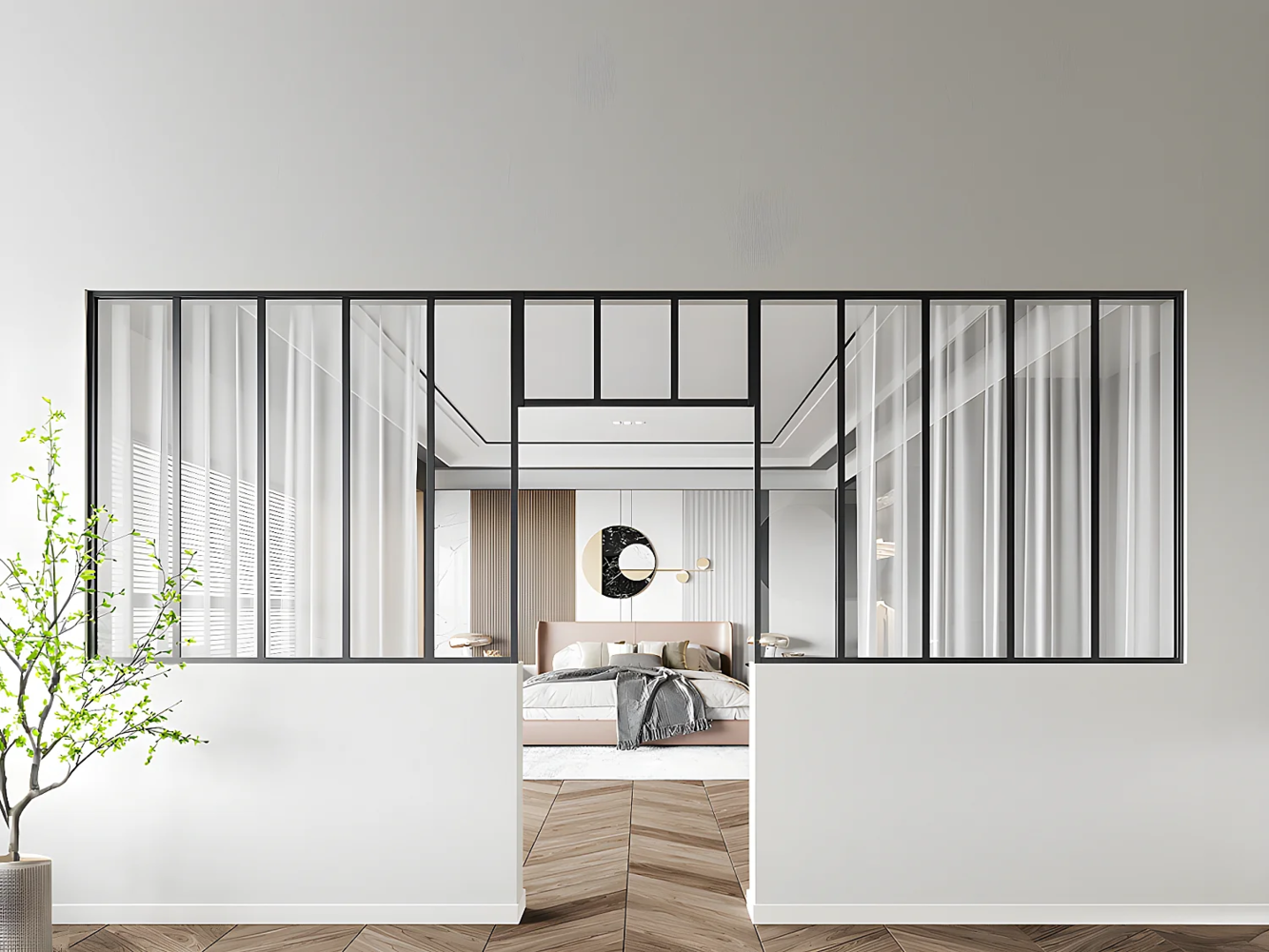 Vente-unique - Atelier-Glaswand mit Oberlicht 2er-Set - thermolackiertes Aluminium - 2x 150 x 130 + 83 x 40 cm - Schwarz - BAYVIEW Bild 1