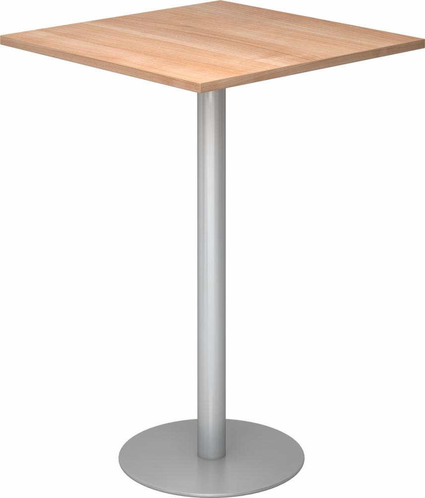 bümö Stehtisch Büro, Bistrotisch eckig 80 x 80 cm - Bartisch Nussbaum, Stehtisch Holz-Platte, Säule aus Metall in silber, Buffettisch, Säulentisch, Partytisch, Thekentisch, Hochtisch, Barmöbel, STH88-N-S Bild 1