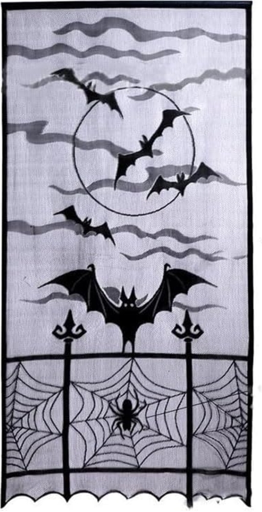 Halloween-Vorhänge, Schwarz, 84 x 40 Zoll, Halloween-Fledermaus-Spinnennetz-Festtags-Fenster- und Türdekor-Set, Schwarz (2-teilig) Bild 1