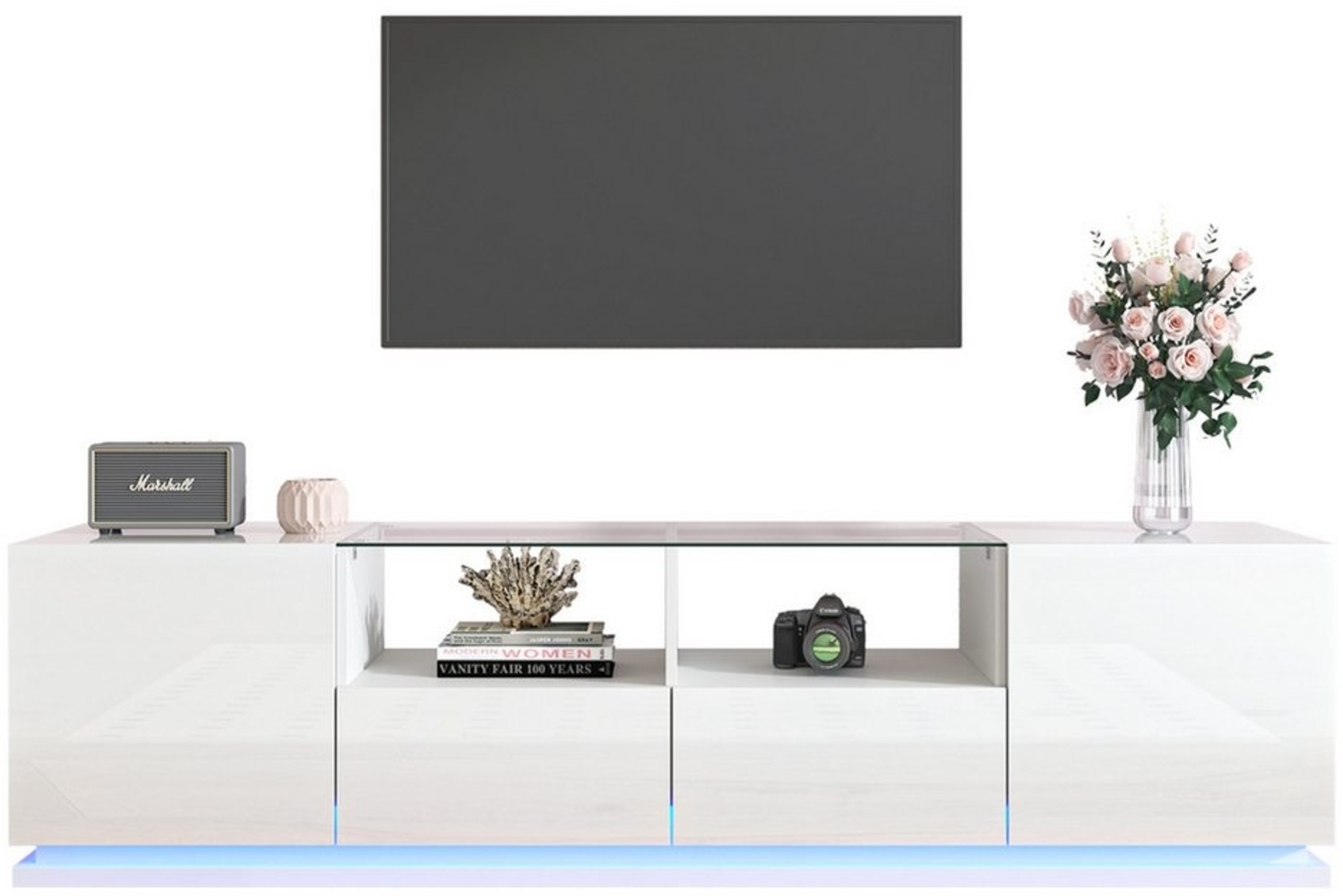 OKWISH TV-Schrank hochglanz TV-Möbel mit Glastischplatte und LED,mit Türen und Schubladen Bild 1