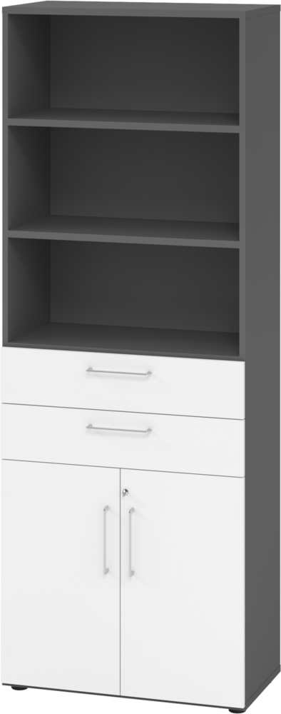 bümö Aktenregal & Schrank abschließbar, Büroschrank Regal & Schubladen Kombination Holz 80cm breit in Graphit/Weiß - Schrank für's Büro & Arbeitszimmer, Büro Möbel Ordnerschrank, 968K2-G-W-BS Bild 1