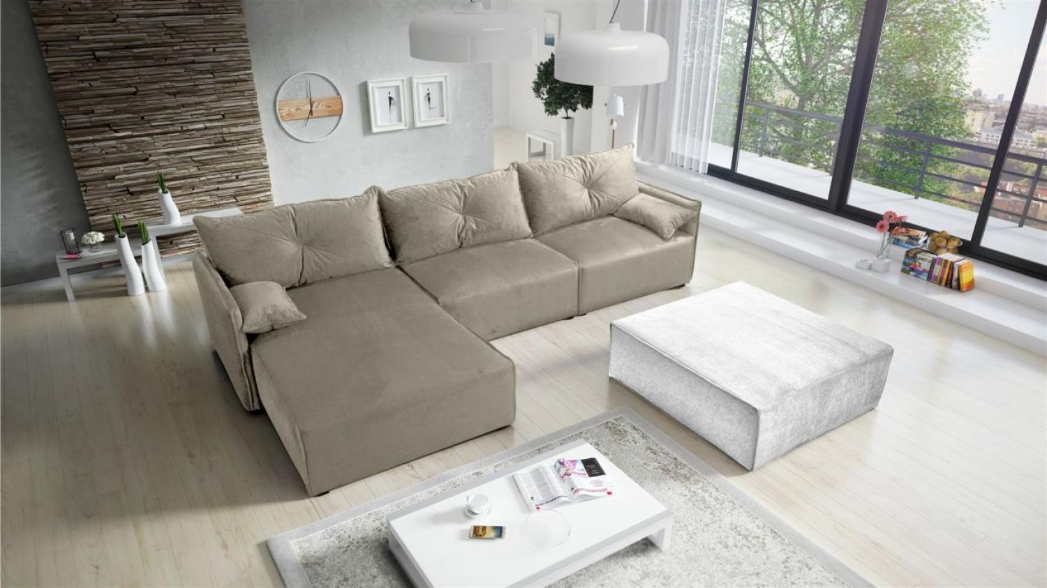 Ecksofa mit Schlaffunktion HUNTER in Stoff Royal Graubeige Ottomane Links Bild 1