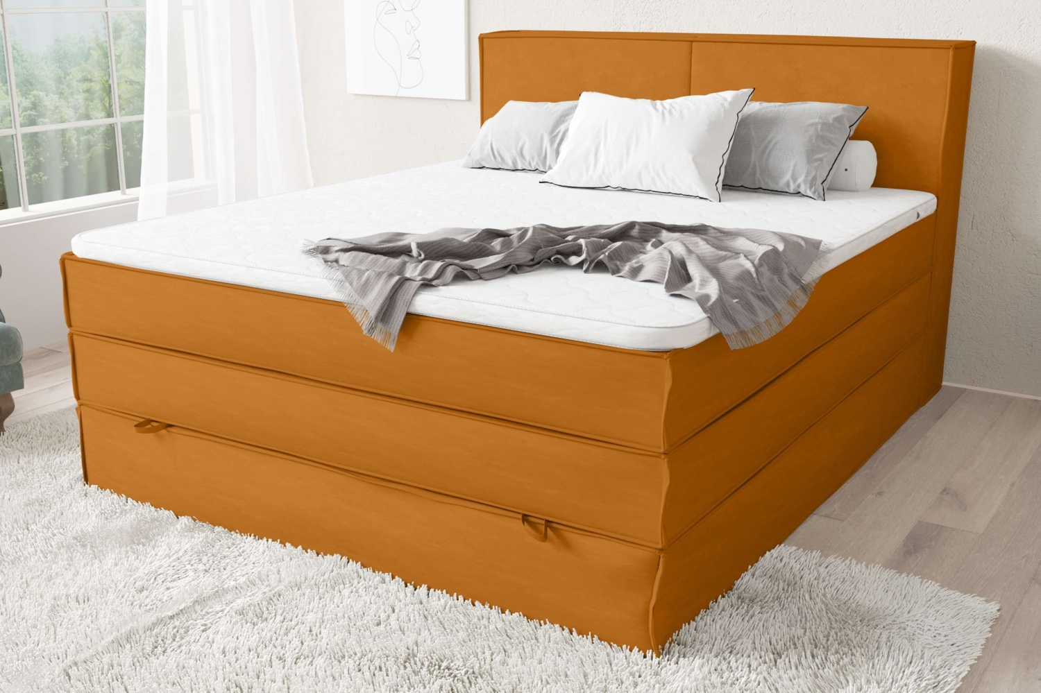 99rooms Santiago Boxspringbett Orange Velours SORO 140x200 cm Taschen-Federung Bild 1