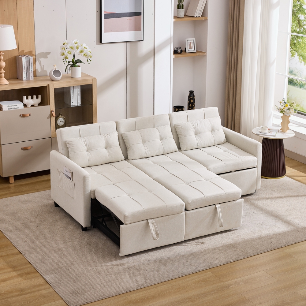 Merax 3-Sitzer-Schlafsofa mit Schlaffunktion, Rückenlehne bis 180° verstellbar, Ecksofa Sofa und L-förmiges Sofa, Klappbares Stauraumsofa mit Seitentaschen, beige Bild 1
