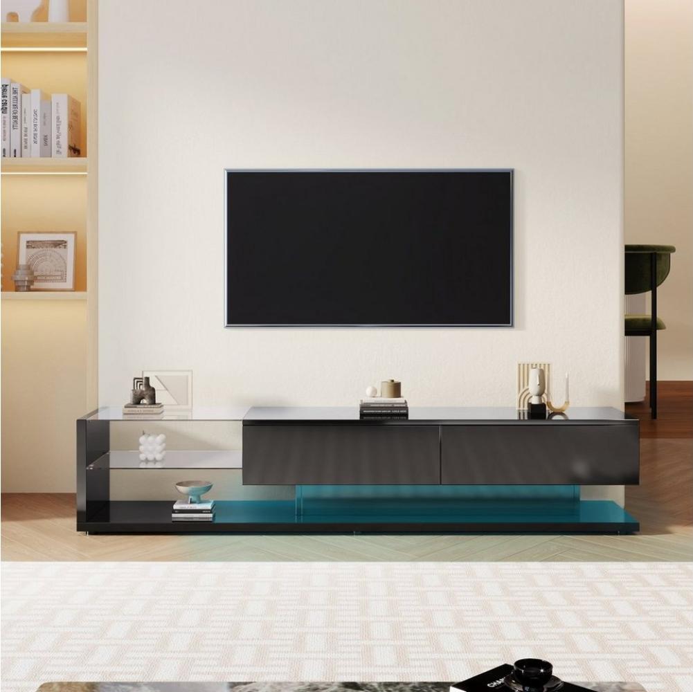 Merax Lowboard mit Glasablagen und Schubladen, TV-Schrank hochglänzend mit LED, TV-Board, TV-Ständer, Breite:170cm Bild 1