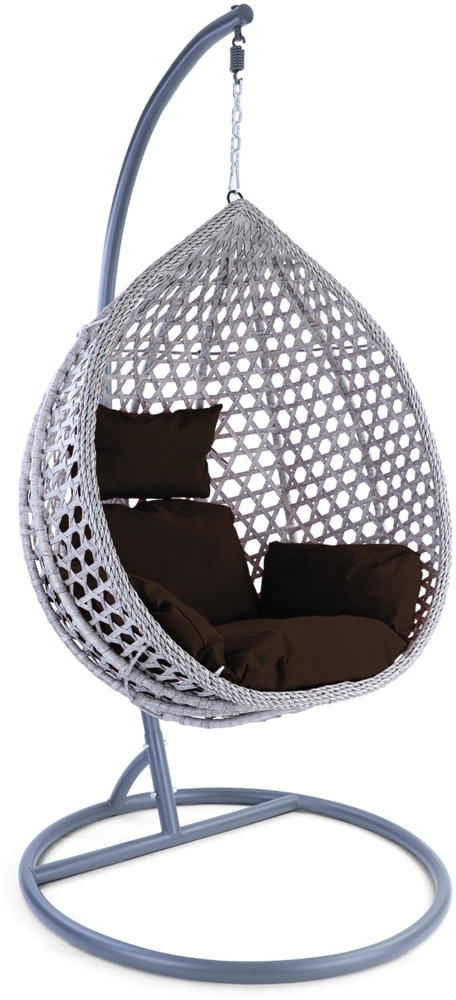 Luxus Hängesessel Style XL Polyrattan Korb grau Gestell grau Kissen dunkelbraun Bild 1
