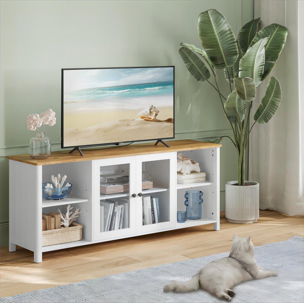 Vasagle TV-Schrank, Lowboard für Fernseher bis zu 65 Zoll, Fernsehtisch mit offenen Fächern, Schrank mit Glastüren, TV-Tisch für Wohnzimmer, walnussbraun-wolkenweiß Bild 1
