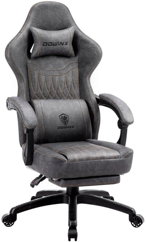 Dowinx Gaming-Stuhl Mit Federkissen, Massage-Lendenwirbelstütze Fußstütze, Rennspielsessel, Ergonomisches Design, PU-Leder, Grau Bild 1