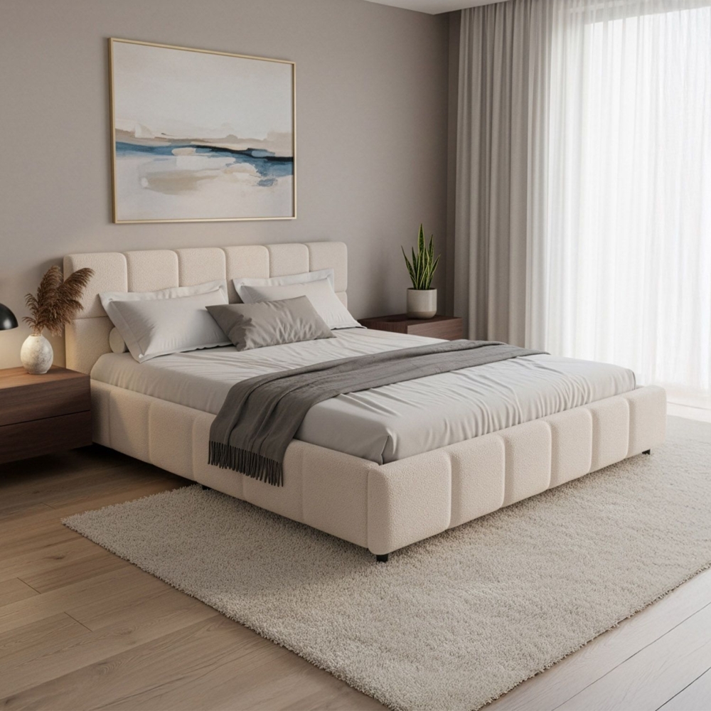 Juskys Polsterbett Florenz 180x200 cm – Bouclé, modernes Bett mit Kopf- & Fußteil, stabilem Holz- & Metallrahmen, Lattenrost, 500 kg Tragkraft – Creme Bild 1