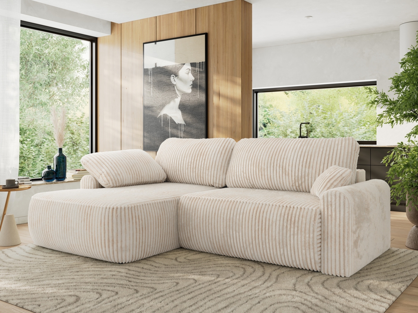 Ecksofa, L-förmiges, lose Kissen, DL-Schlaffunktion, (H 100 x T 187 x B 273 cm) - CUBO L - Cord Beige - linke Seite Bild 1