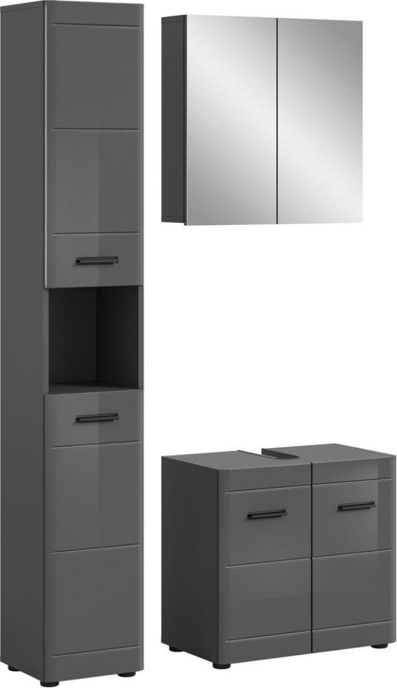 welltime Badmöbel-Set Doux, bestehend aus: Hochschrank, Waschbeckenunterschrank, (3-St), Spiegelschrank, hochwertige hochglanz MDF Front mit Rillenfräsung Bild 1