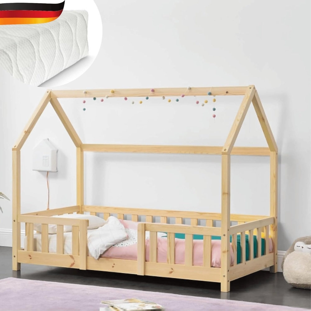 DELUKE® Kinderbett 80x160 cm LULO - Inkl. Matratze Lattenrost Rausfallschutz Einzelbett Hausbett Kinderzimmer Bodenbett Kinder Bett Klein Montessori Bett Braun Bild 1