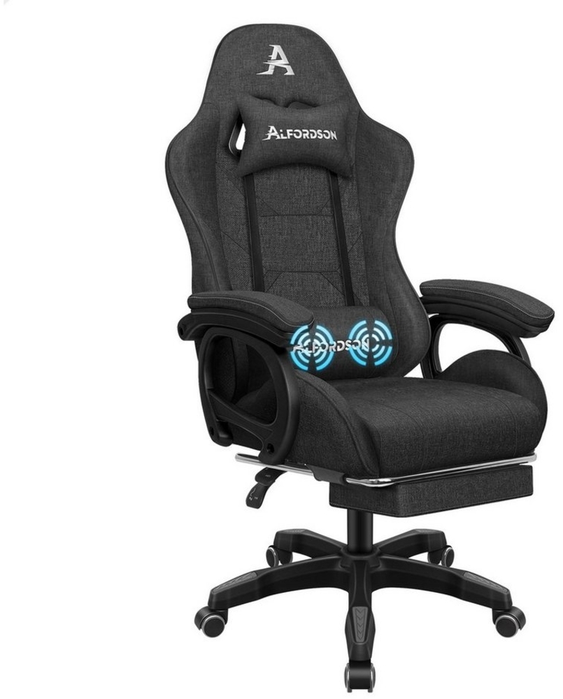 ALFORDSON Gaming-Stuhl mit Massage-Lordosenstütze, ergonomisch, mit Kopfstütze, höhenverstellbar, Stoffbezug, Grau Bild 1