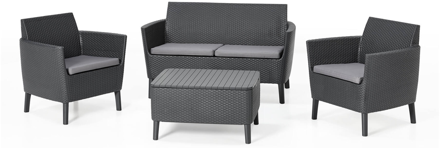 Dmora Loungeset für draußen Whitby, Outdoor-Lounge mit Couchtisch, Terrassenset mit Kissen, 133x67 h76 cm, Anthrazit Bild 1