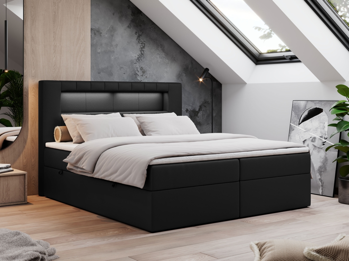 Boxspringbett - Polsterbett mit LED Kopfteil - GOLD-5 - 160x200cm - Schwarz Kunstleder - H3 Bild 1