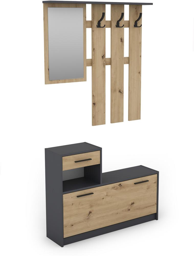 byLIVING Garderoben-Set TAMINA / Kommode mit Schuhschrank + hängende Garderobe mit Spiegel / anthrazit / Fronten braun Artisan Eiche / Flur-Schrank / Schränke / Regal / 100 x 190 x 25 cm (B x H x T) Bild 1