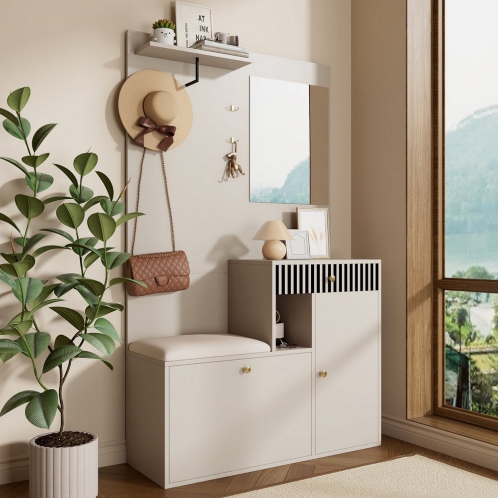 Merax Garderoben-Set mit Spiegel, Schuhschrank & Sitzkissen, (Garderobenkombination Möbelset für Eingangsbereich, 1-St, 110 x 185,5 x 37 cm), Flurgarderobe mit Soft-Close Türen, Regalen, Haken & Schublade Bild 1