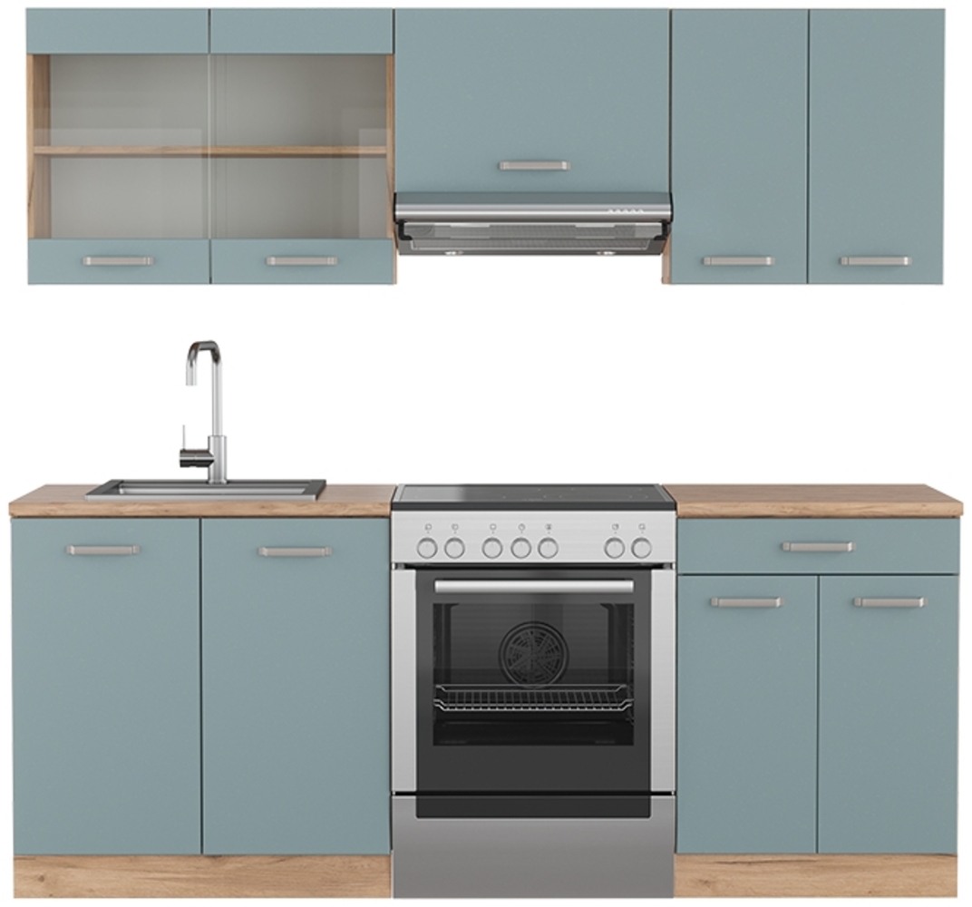 Küchenzeile R-Line Blau-Grau/Goldkraft Eiche 200 cm , AP Eiche Vicco Bild 1