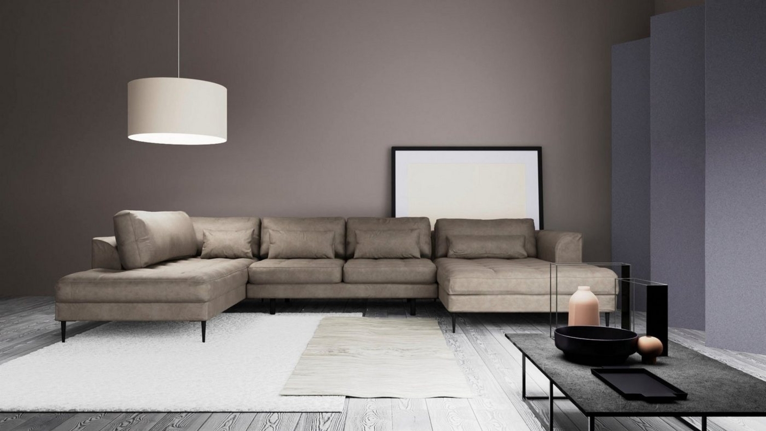 TRENDMANUFAKTUR Wohnlandschaft Luzi, gemütliches Sofa mit extra viel Platz, U-Form, viele Kissen, Designsofa mit tollem Sitzkomfort, Metallfüße schwarz, Breite 361 cm Bild 1