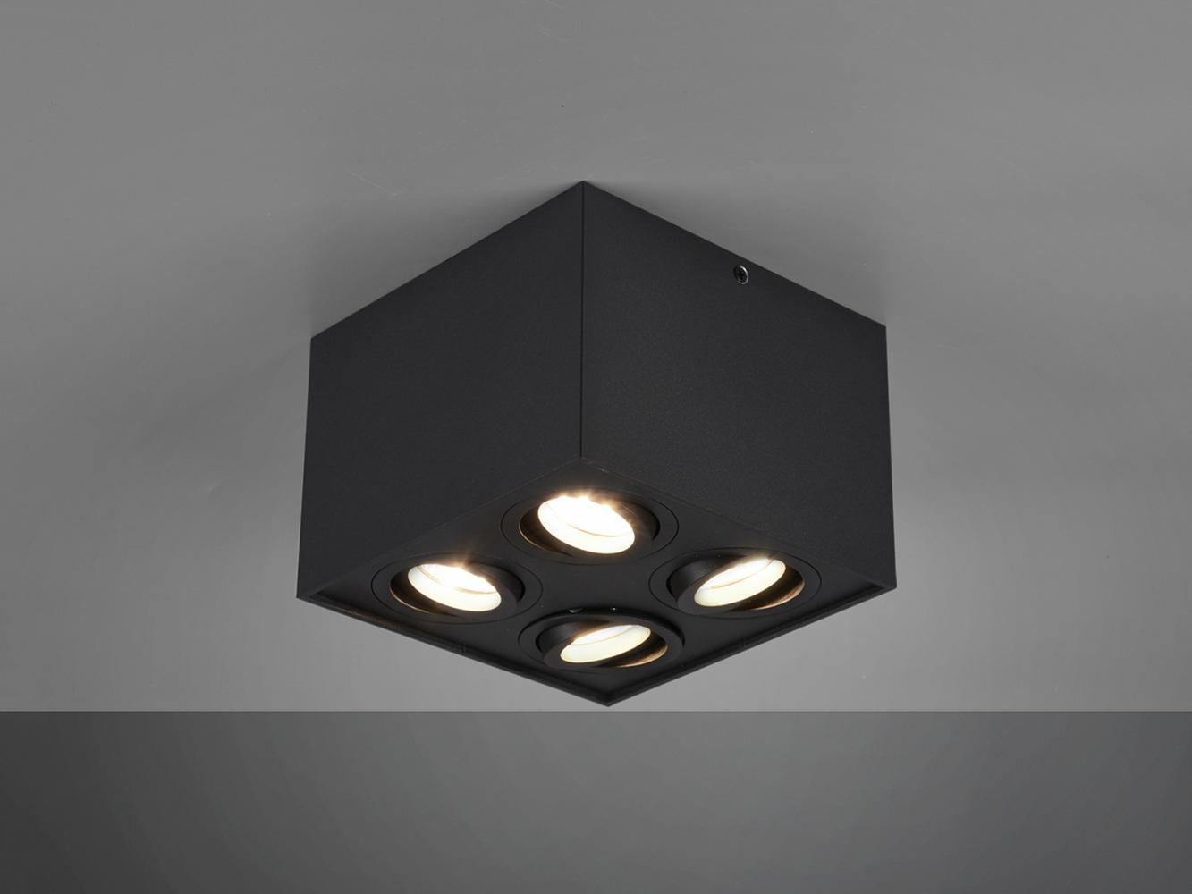 Eckiger LED Deckenstrahler mit vier schwenkbaren Spots, schwarz matt Bild 1