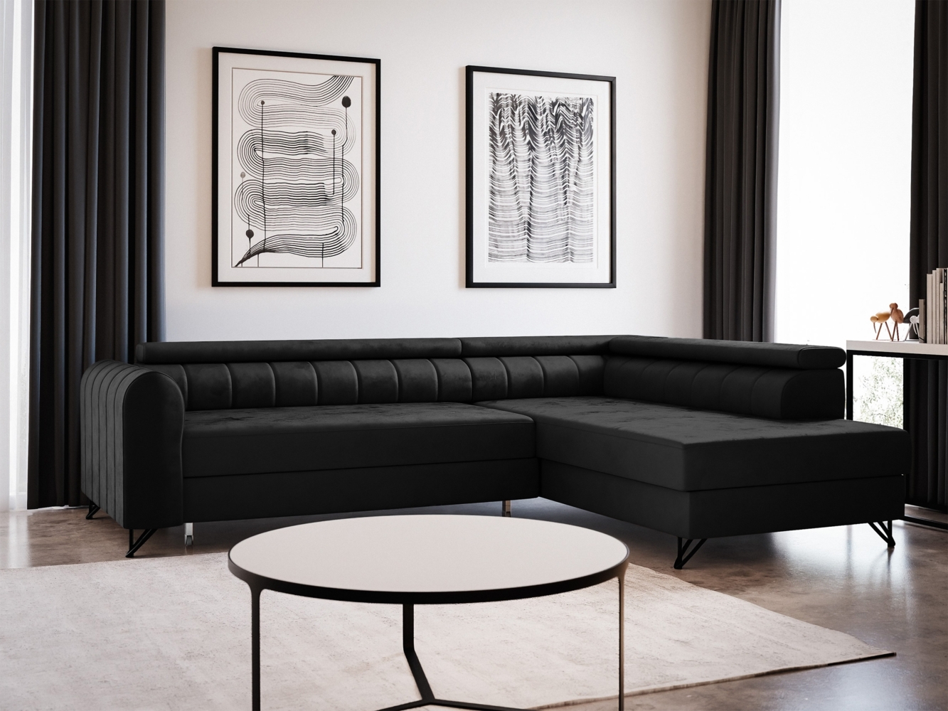 Ecksofa Alice mit Schlaffunktion und Bettkasten, Wohnlandschaft mit einstellbare Kopfstützen, Couch, Sofa, Bettsofa, Schlafsofa (Schwarz (Kronos 07), Ecksofa Rechts) Bild 1