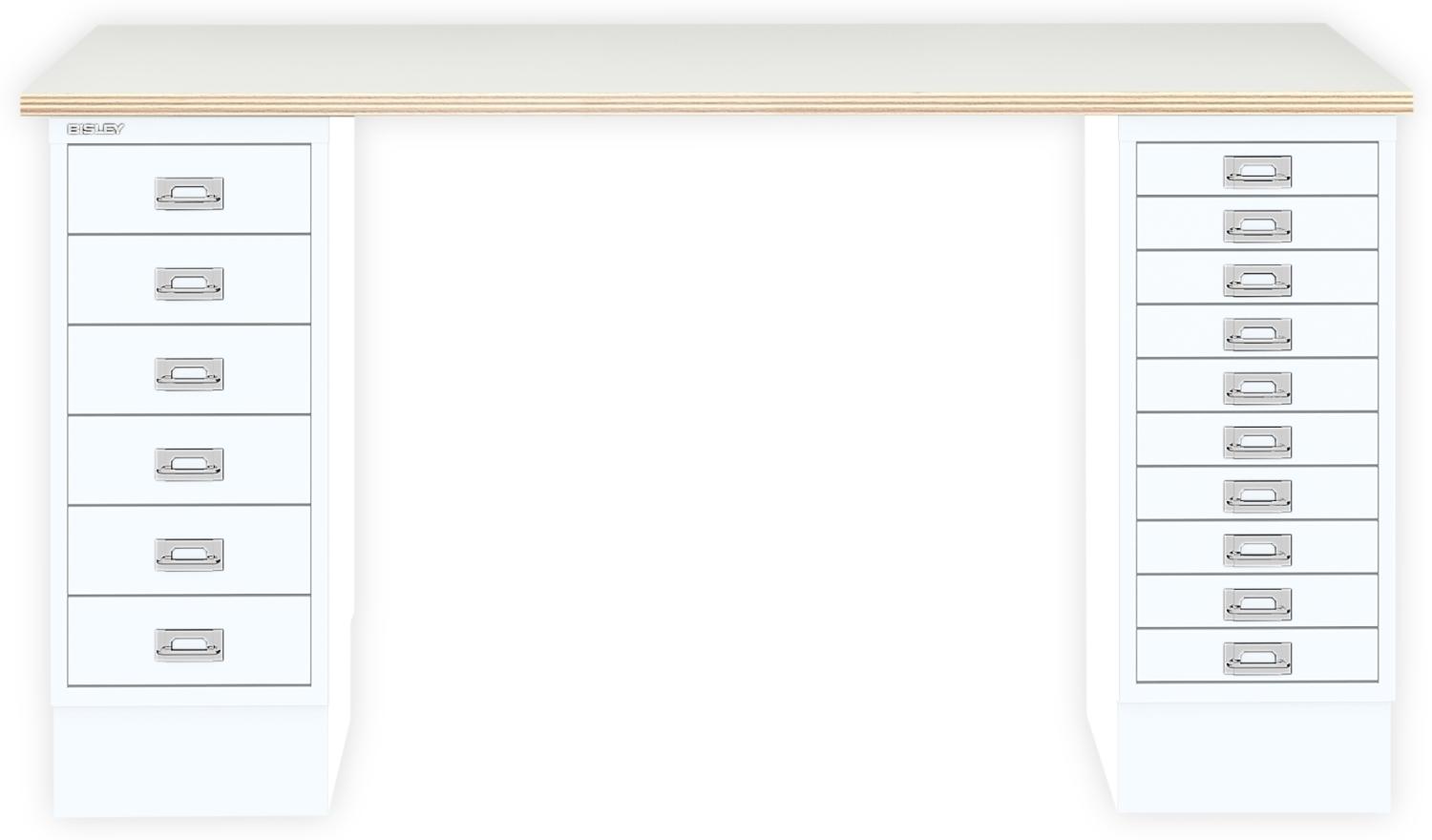 MultiDesk, 1 MultiDrawer mit 10 Schüben, 1 MultiDrawer mit 6 Schüben, Dekor Plywood, Farbe Verkehrsweiß, Maße: H 740 x B 1400 x T 600 mm Bild 1