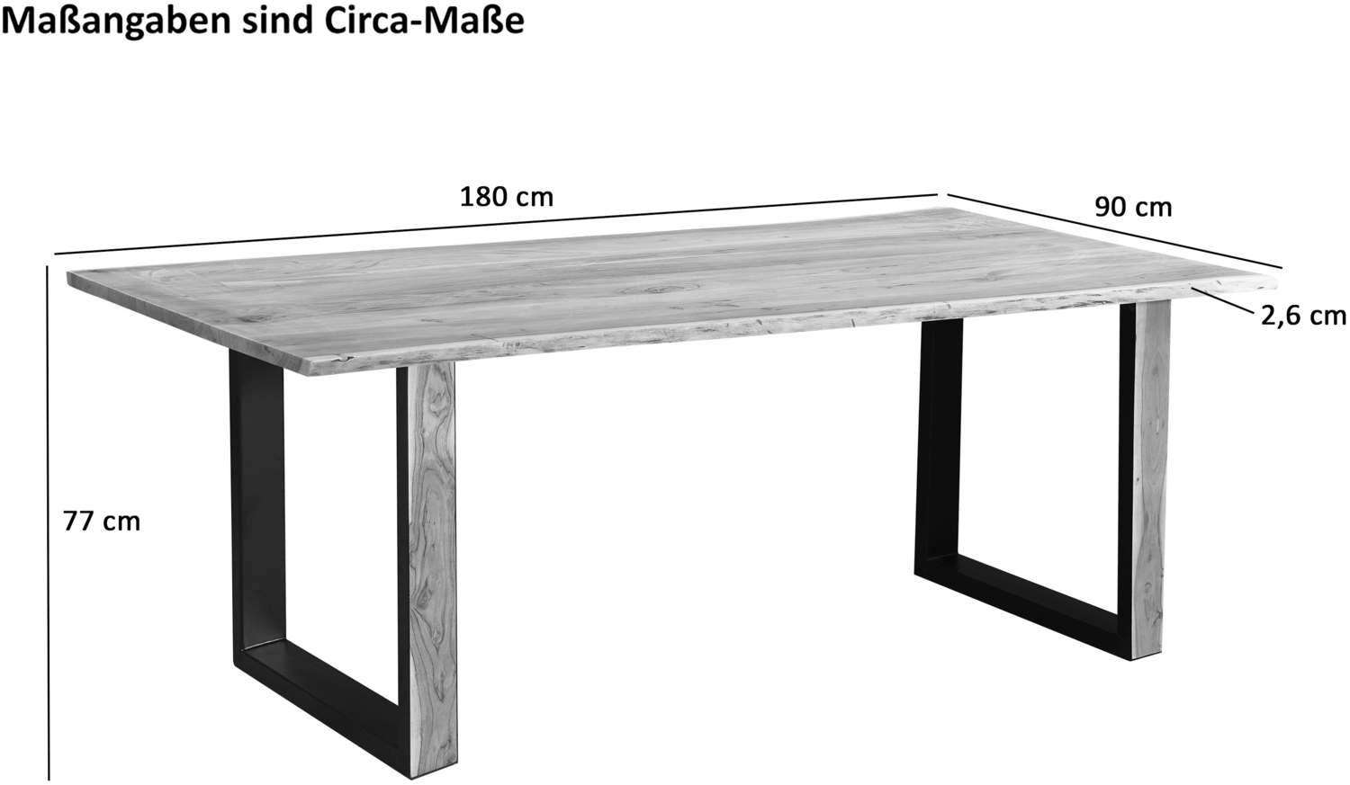 SAM Baumkantentisch Akazie massiv naturfarben schwarzem U-Gestell aus Metall + Holz MELBOURNE, (L)180cm x (B)90cm x (H)77cm Bild 1