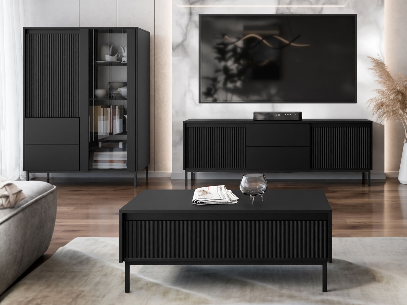 Wohnzimmer-Set Ozmi V (Farbe: Schwarz) Bild 1