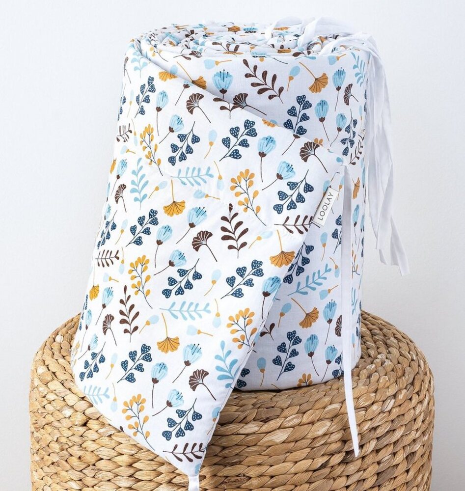 Loolay Bettnestchen PREMIERE! Blumenwiese BLAU Bettumrandung 420, 360, 210, 180 x30cm, (Babynestchen Bettsprossen Kopfschutz Babyausstattung Türkis Blumen BABYNEST, 100% Baumwolle Babybett Bettschutzgitter Umrandung), LOOLAY® - 100% Europäische Stoffe ... Bild 1