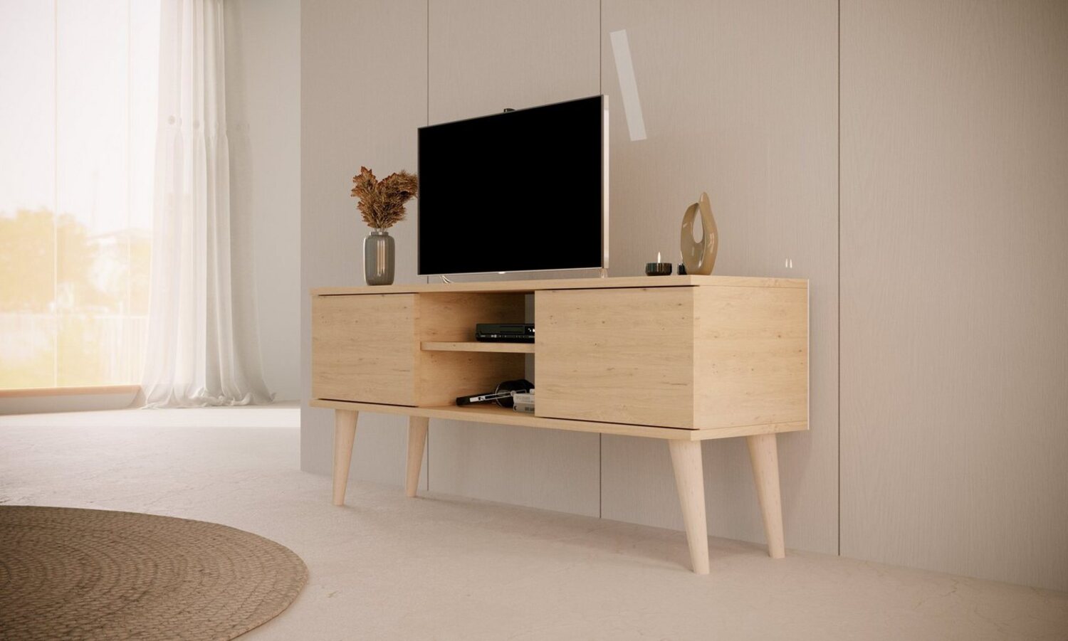 Bjird Lowboard TV-Schrank "Toronto" (2 Schranktüren, 2 Ablagefächern und Kabelöffnung), Breite 120 cm, Beine aus Buchenholz, für Fernseher bis zu 50 Zoll Bild 1