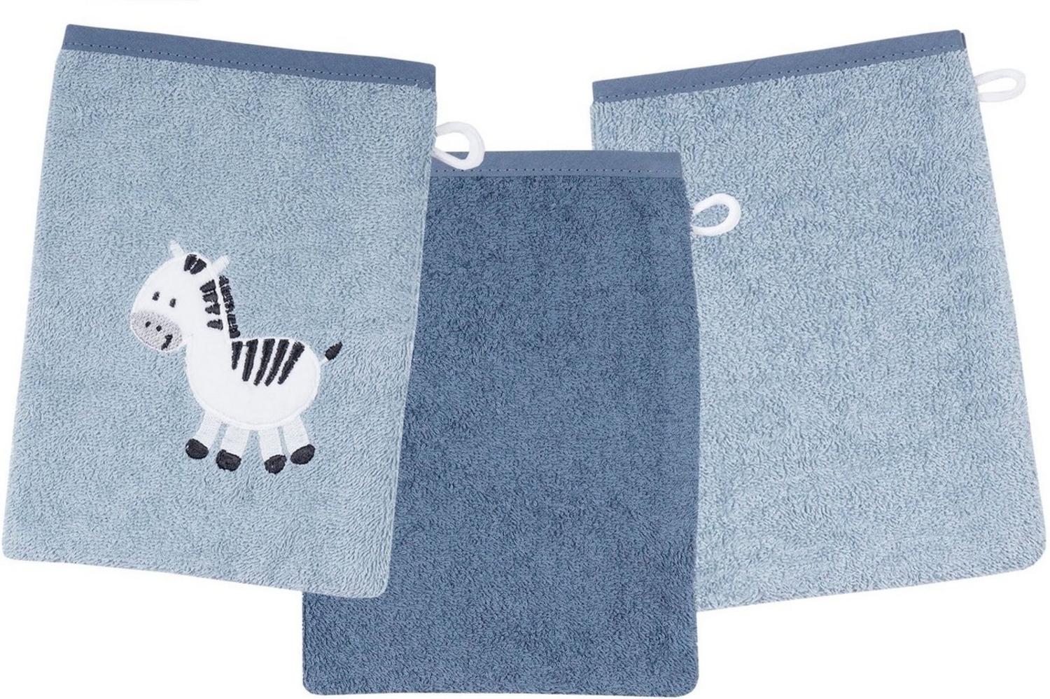 Wörner Waschhandschuh Zebra blau Waschhandschuh 3er Set, (3-St), 1x mit süßer Zebrastickerei, 2x unifarben Bild 1