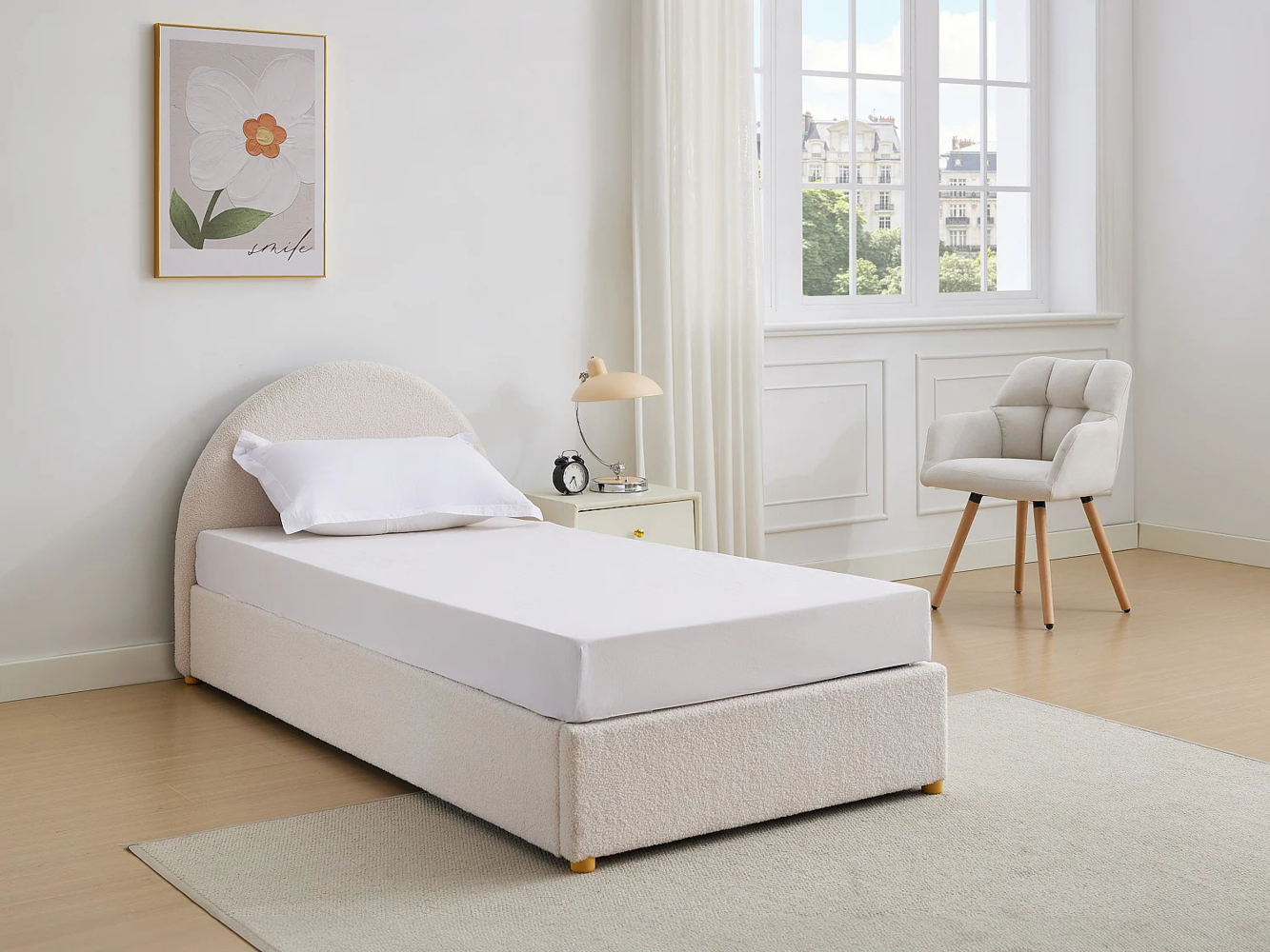 Vente-unique - Bett mit Bettkasten + Matratze - 90 x 190 cm - Bouclé-Stoff - Cremefarben - LIRIMO Bild 1