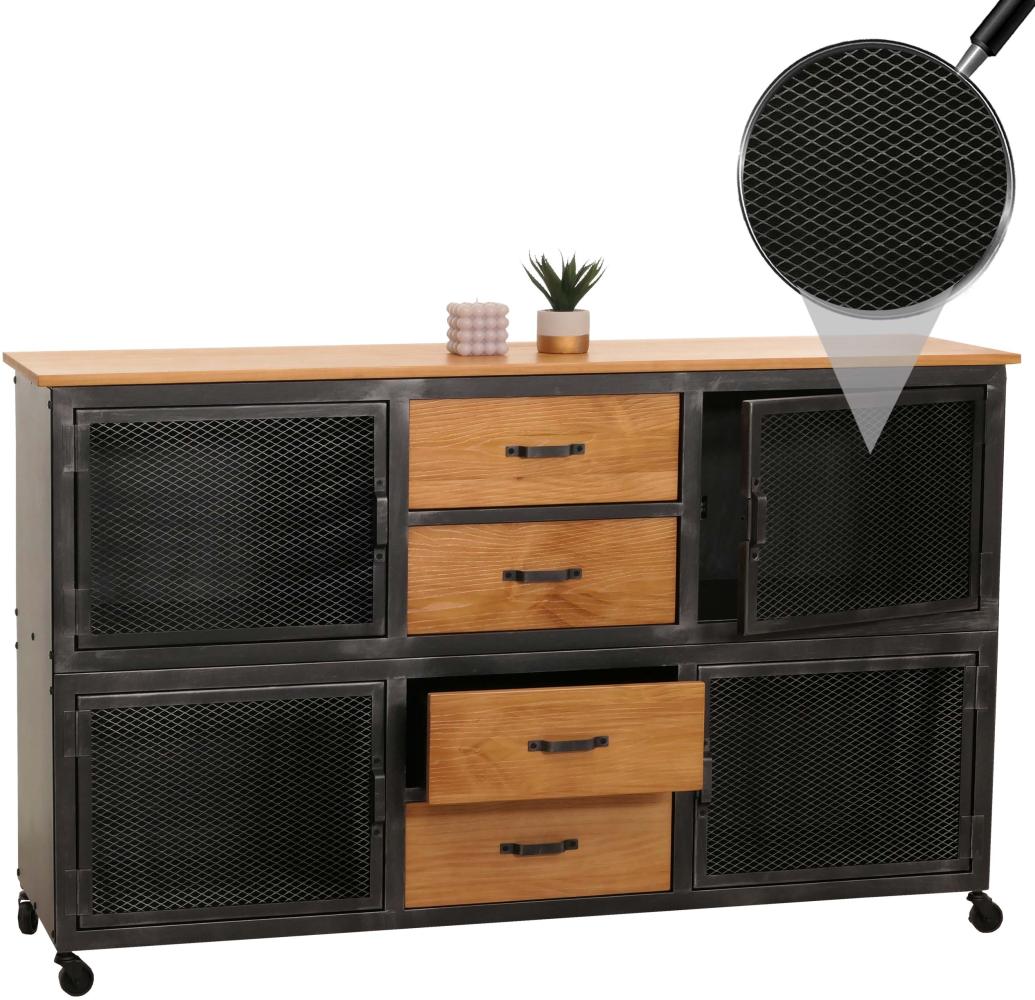 Sideboard HWC-N28, Kommode, Rollen 4 Schubladen, 3D-Struktur Industrial Retro Metall Holz 90x150x40cm ~ schwarz, natur Bild 1