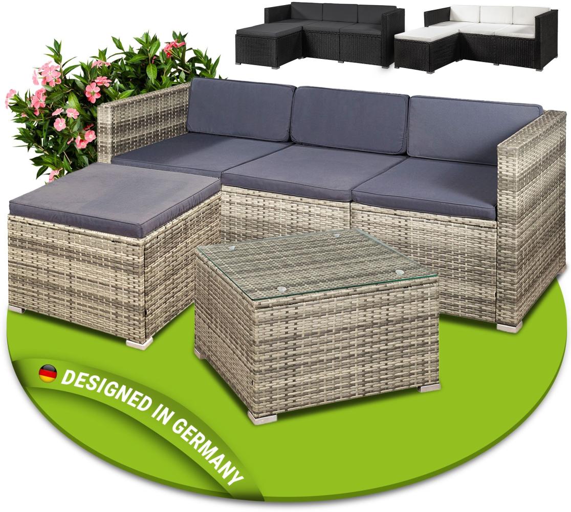 Juskys Polyrattan Lounge Punta Cana M grau-meliert – Gartenlounge für 3-4 Personen – Sitzgruppe mit Sofa, Tisch & Hocker - Sitzbezüge Dunkelgrau Bild 1