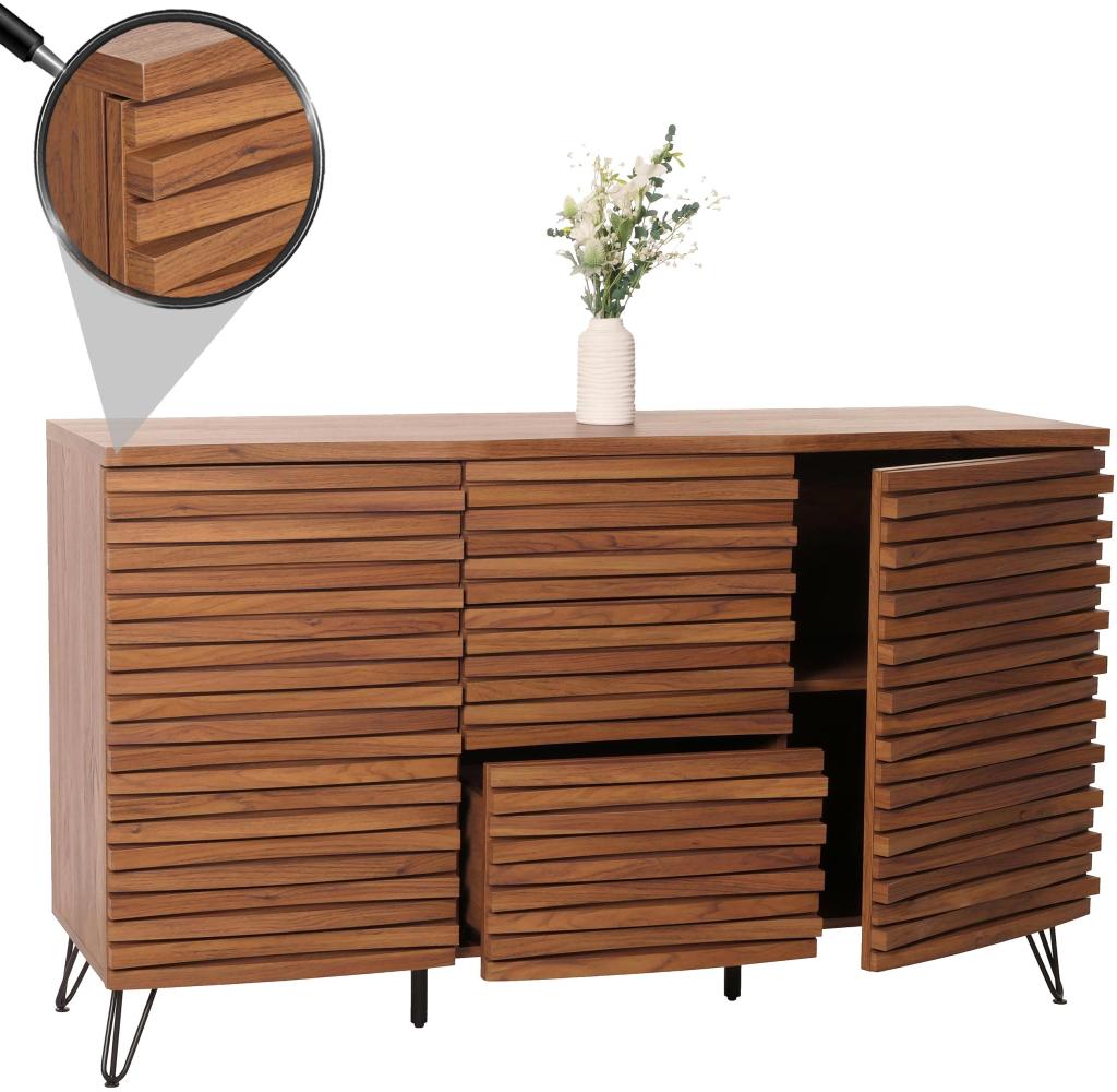 Sideboard HWC-M49, Schrank Kommode Highboard, 3D-Design Staufächer, Massiv-Holz Mango Metall 85x142x44cm ~ Walnuss-Optik Bild 1