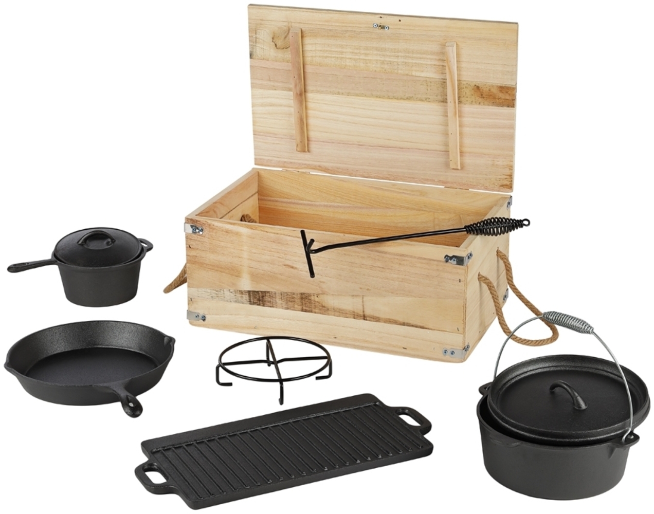 Dutch Oven 7-teilig Camping Kochgeschir Gulaschkanone Gusseisen Grill Pfanne Bild 1