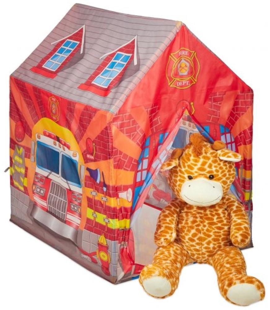 Relaxdays Feuerwehr Kinderzelt, großes Kinderspielzelt für Jungen, fürs Kinderzimmer, ab 3 Jahren, 103 x 71 x 94 cm, rot Bild 1