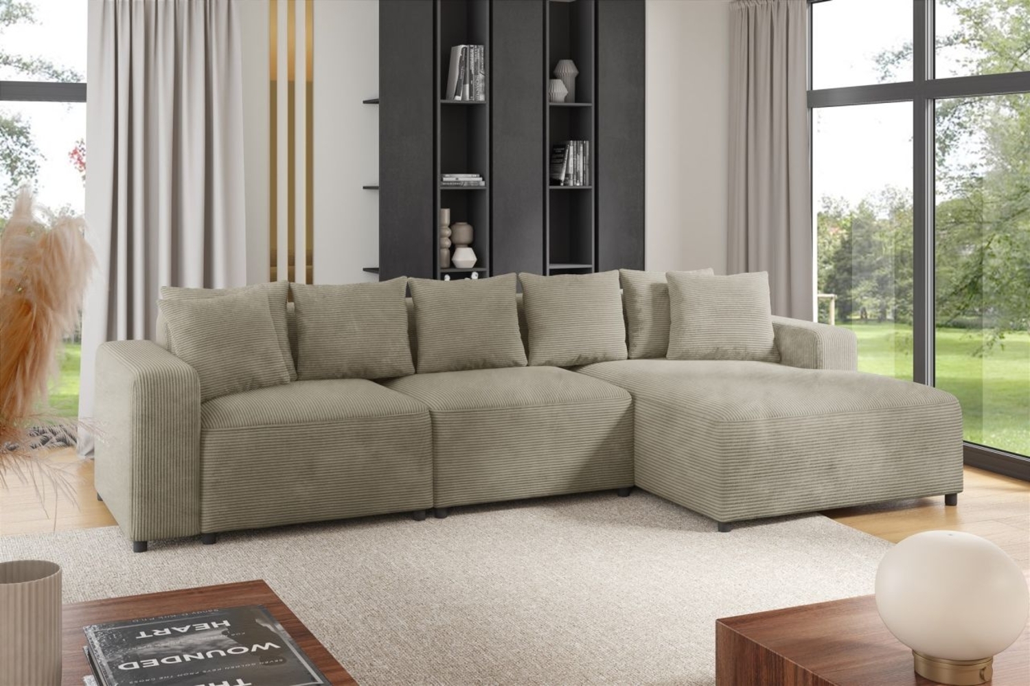 Ecksofa Designersofa Sofa MEGAN in Stoff Poso Beige Ottomane Rechts Bild 1