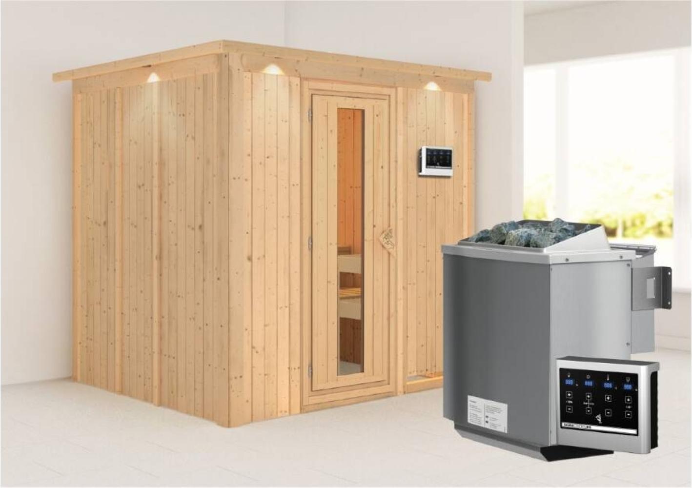 Karibu Sauna Sodin mit Dachkranz + 9kW BIO-Kombiofen mit ext. Steuerung Easy Klarglas Ganzglastür Bild 1