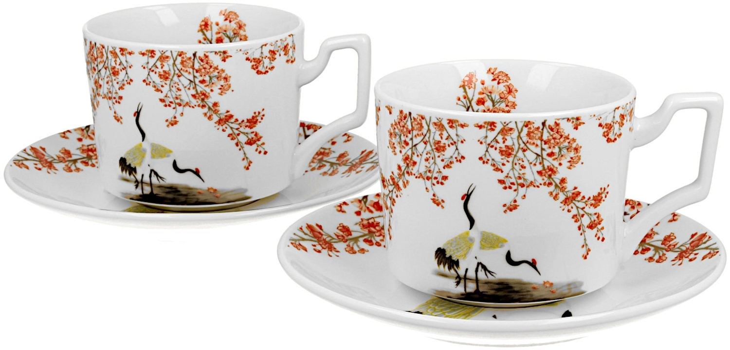 DUO ART GALLERY 2er-Set Tassen mit Untertassen SAKURA & CRANES 270 ml, New Bone China Porzellan Bild 1