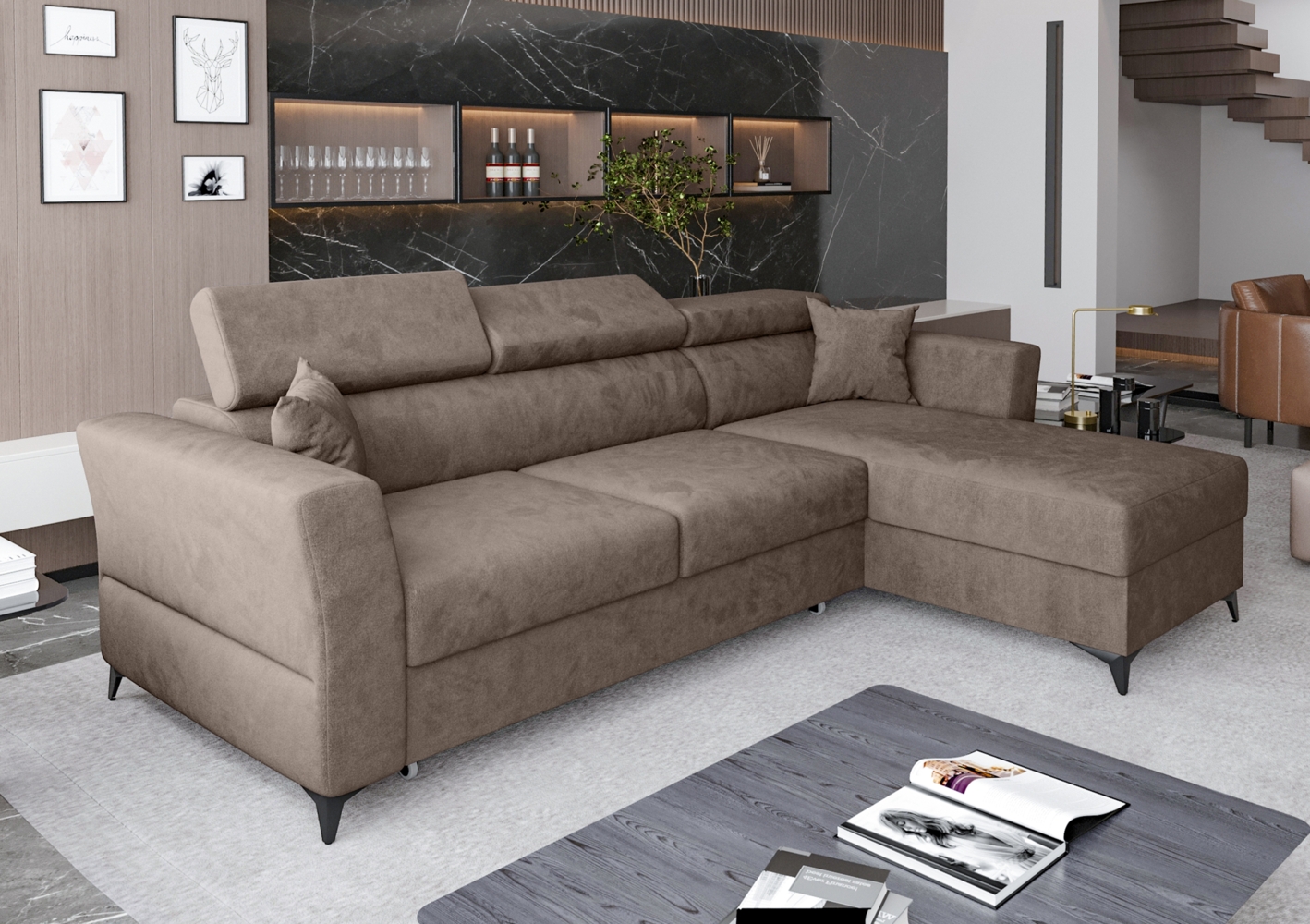AX LIVING Ecksofa klein mit Schlaffunktion Ribella – 265 cm breit, Braun Rechts Bild 1