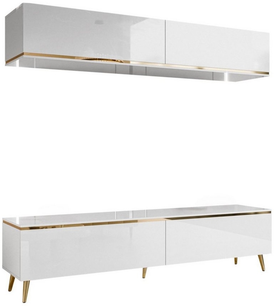 ALLHOUSE24 Wohnwand PEONY 180 weiß Hochglanz Goldchrom Beine Schrankwand BERLIN Bild 1