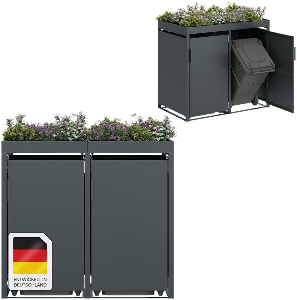 STEELSØN 'Thoria' Mülltonnenbox für 2 Tonnen je 240 Liter, anthrazit, Mülltonnenverkleidung aus Stahl, wetterfest, 125x80x134 cm, Müllbox mit Pflanzendach Bild 1