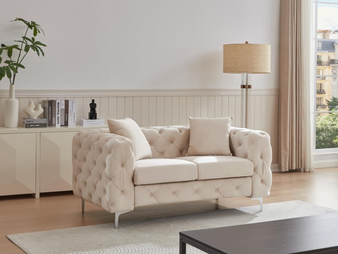 Vente-unique - Chesterfield-Sofa 2-Sitzer - Samt - Beige - EDWINA Bild 1