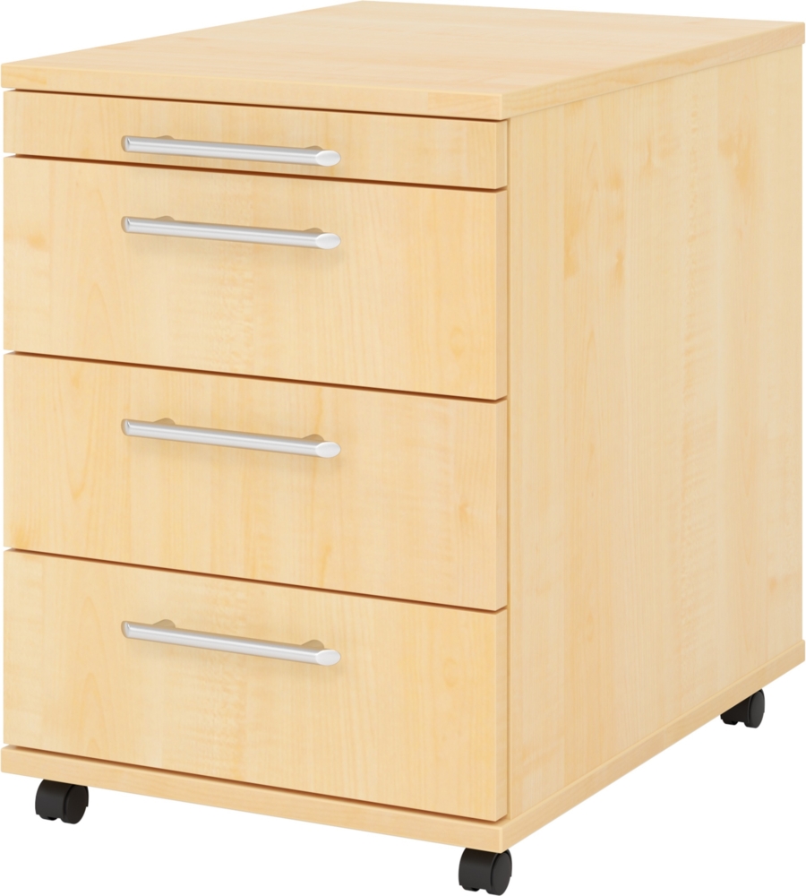 bümö basic Rollcontainer mit Schubladen, Container aus Holz in Ahorn - Rollwagen für's Büro als Schreibtisch Unterschrank, Bürocontainer od. Schreibtischcontainer mit Relinggriffe, 1606-3-3-RE Bild 1